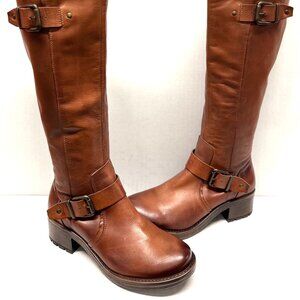 MIZ MOOZ TALL BOOTS SIDE ZIP 2 BUCKLES GORE BRANDY 37EU / 7US NEW # Z-04